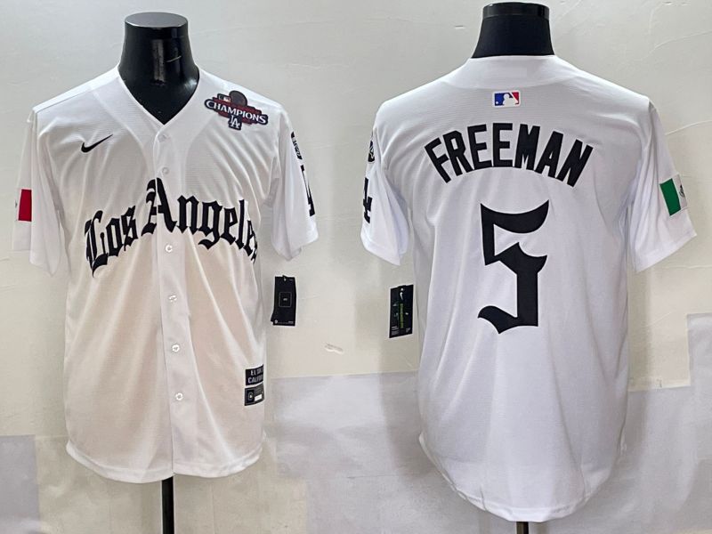 Men Los Angeles Dodgers #5 Freeman White Five generations Joint Name 2025 Nike MLB Jersey style 7